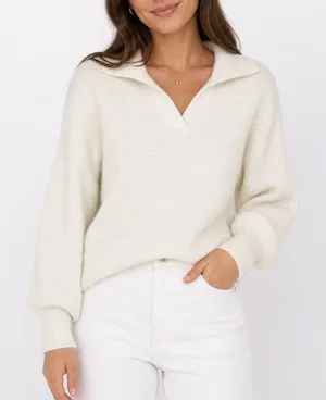 ZESICA Womens Off White Ribbed Knit Collared V-Neck Pullover Sweater Size L thumbnail 1
