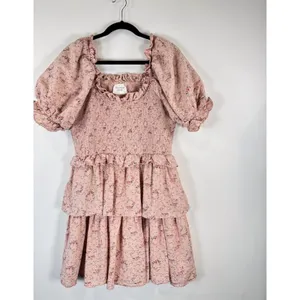 Hyacinth House Womens Dress Beige Mini Floral Smocked Ruffle Puffed A Line Large thumbnail 5