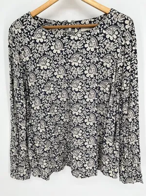 LOFT Blouse Women L Navy Blue White Floral Paisley Long Sleeve Keyhole Back thumbnail 1