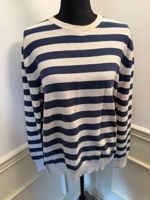 J.Crew Classic Cotton Striped Crewneck Sweater Navy & Cream Nautical Coastal thumbnail 1