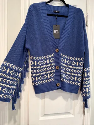 NWT FRYE Size L Blue Cream Fair Isle Fringe Cotton Button Cardigan Sweater Boho thumbnail 1