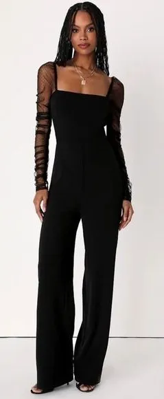 Lulus Black Made to Amaze Dotted Mesh Jumpsuit Small Gothic Cocktail Party thumbnail 1