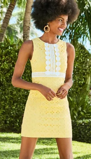 Lilly Pulitzer Railee Dress Womens 0 Yellow Floral Sheath Sleeveless Mini Eyelet thumbnail 1