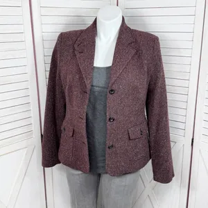 Vintage L.L. Bean Tweed‎ Blazer Large Burgundy Herringbone Wool Silk Blend Maroo thumbnail 7