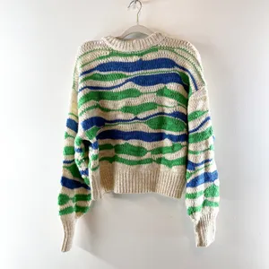Aerie Long Sleeve Crewneck Chunky Knit Sweater Tan Green Blue Small thumbnail 4