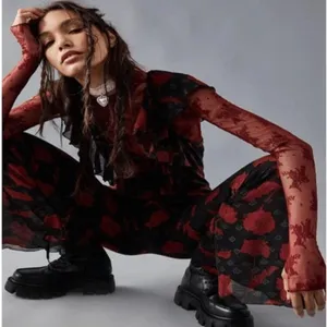 Free People Austyn One Piece Jumpsuit Red Floral Size‎ S boho flare ruffle thumbnail 12