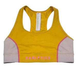 Fabletics Womens M Colorblock Racerback Sports Bra Medium‎ Yellow Pink Grey Yoga thumbnail 1