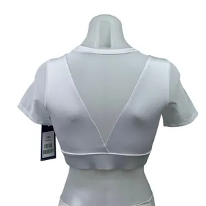 NEW J. Ing Women's White Short Sleeve Cutout Mesh Crew Neck Crop Top Size XS thumbnail 3
