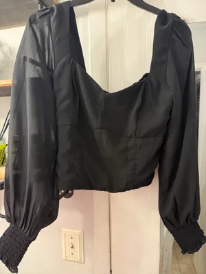 Abercrombie & Fitch Sheer Puff Sleeve Black Crop Top thumbnail 1