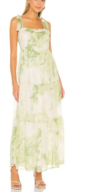Line + Dot Green Tropical Maxi Dress MEDIUM Tiered Ruffle Cottage Vacation $115 thumbnail 1