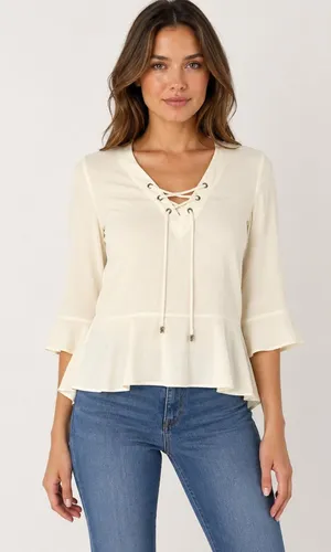 Frye Ivory Lace Up Peplum Blouse XL thumbnail 1