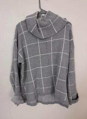 Kirundo Gray Windowpane Plaid Cowl Neck Sweater size XL Silver thumbnail 1