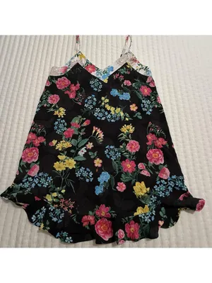 Betsey Johnson Chemise Slip Nightie L Large Black Multi Color Floral Ruffle Hem thumbnail 10