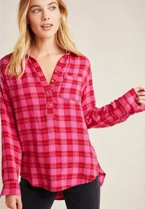 Anthropologie Pink Plaid Isadora‎ Henley Flannel Top thumbnail 1