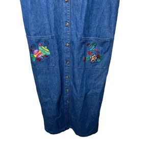 Westbound‎ Vintage Christmas Denim Maxi Dress Button Front Embroidered L thumbnail 3