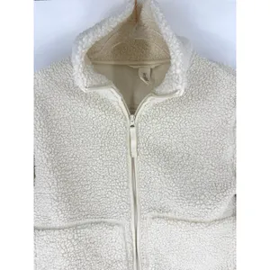 H&M Cream Teddy Fleece Zip Up Jacket Faux Fur Cropped Pockets S‎ thumbnail 2