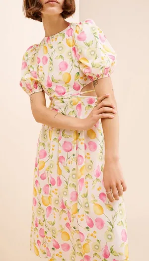 Anthropologie En Saison Ula Midi Dress in Pink Fruits Multi Size Medium thumbnail 1