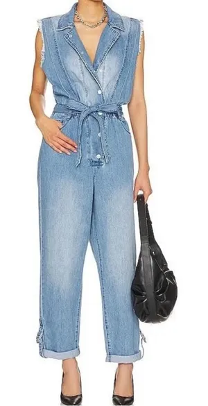 BLANKNYC Womens Blue Denim Sleeveless Boiler‎ Suit Jumpsuit Tie Waist Medium thumbnail 1