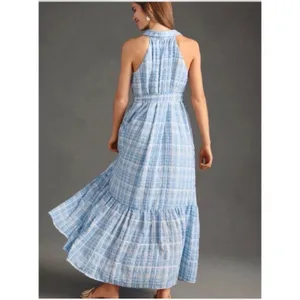 Anthropologie Blue White Plaid Button Front Tiered Midi Dress Sz S Halter Neck thumbnail 8