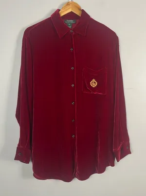 Lauren Ralph Lauren red silk blend collared button up velour velvet size M thumbnail 1
