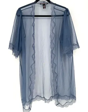 Victoria's Secret Sheer Mesh Lace Kimono Robe Slate Blue Open Front M/L thumbnail 1