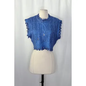 ZARA Metallic Blue Cropped‎ Sweater Cableknit Distressed Cable Knit Crop Small thumbnail 2