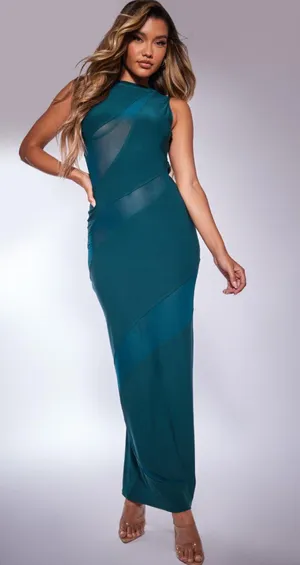 Pretty Little Thing EMERALD MESH LOW BACK DRESS thumbnail 1