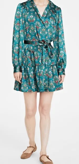 Green Floral Satin Tiered‎ Wrap Mini Dress S Boho whimsi flowy cottage fairy red thumbnail 1