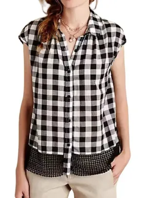 Anthropologie Holding Horses Nellie Blouse‎ XS Black White Gingham Top Boho Chic thumbnail 1