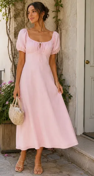 NWT le lis Collection Blush Pink Puff Sleeve Midi Dress Small thumbnail 1