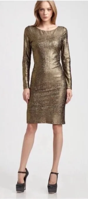 Alice and Olivia Gold Metallic Bodycon Midi Cocktail Party Dress thumbnail 1