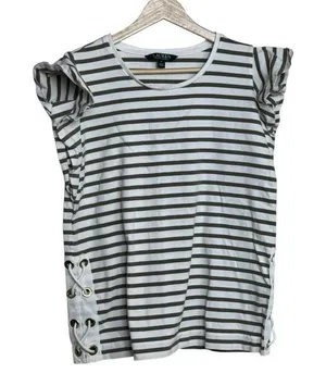 Lauren Ralph Lauren olive‎ green stripe women top size medium cotton thumbnail 1