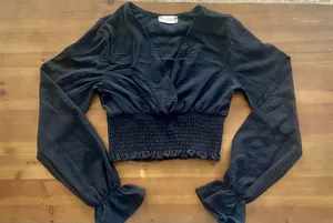 Altar'd State Black Smocked Ruffled Long Sleeve Blouse thumbnail 1