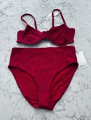 NWT Quince Cherry Red Italian Demi Bikini Top & High Rise Bottom Set Size Large thumbnail 1