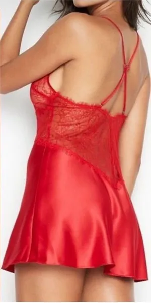 Victoria's Secret Negligee Satin Chemise Nightgown Red Lace Trim Bodice thumbnail 1