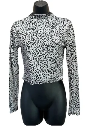 Antistar Gray/Black Cheetah Crop High Neck Sweater Long Sleeve Size M Soft thumbnail 1