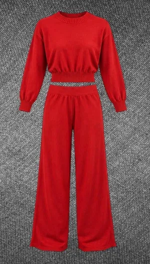 FMB Red Knit Crop Top Wide Leg Pants Set Size S thumbnail 1
