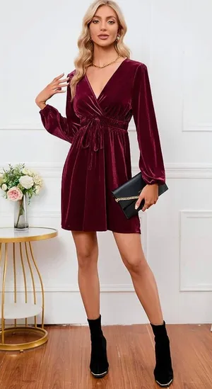 Women's Velvet Dress Wrap V Neck Pleated Waist Long Sleeve Casual Party Skater Dresses thumbnail 5