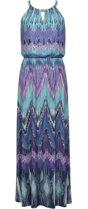 Chico's Purple Teal Ikat Chevron Maxi Dress Halter Blouson Size 1 M/L thumbnail 1