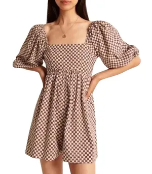 Abercrombie & Fitch Puff Sleeve Checkered Romper Burgundy Mod Retro Size M thumbnail 1