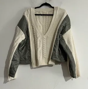 POL Cream Cable-Knit V-Neck Sweater with Olive Sleeve Panels thumbnail 1