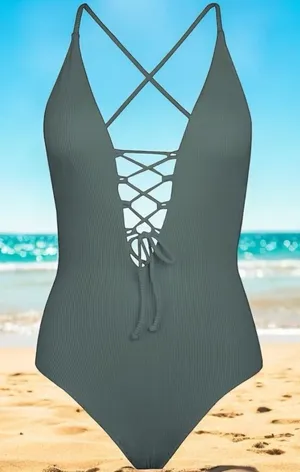 NEW Cupshe Ribbed Sage Green V-Neck Lacey Vacation One‎ Piece Swimsuit Size S thumbnail 1