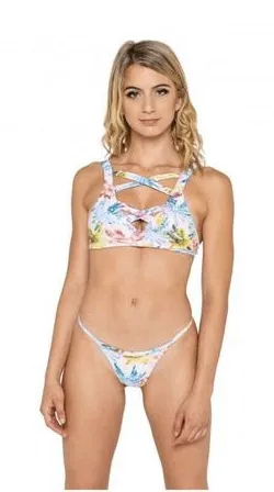 MegLiz Swimwear‎ Pink Blue Tropical Palm Tree Strappy Bikini Size Small thumbnail 1