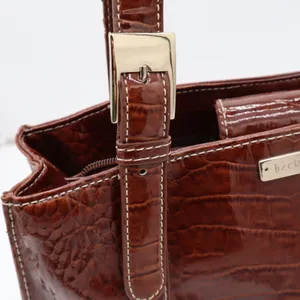 Liz Claiborne Tote Bag Women's Large Croc Embossed Brown Patent Faux Leather thumbnail 6