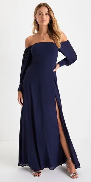 NWT Lulus Feel the Romance Navy Blue Off-the-Shoulder Maxi Dress Wedding Size XS thumbnail 1