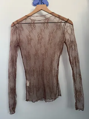Medium Brown Sheer Mesh Long Sleeve Top Floral Boho Whimsical Rave Festival thumbnail 1