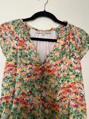Loft Floral Spring Mini Dress XS Green Yellow Flowy Feminine Romantic Picnic thumbnail 3