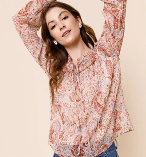 Mi Ami Francesca’s Collection Paisley Print Boho Blouse Size Large Orange thumbnail 1