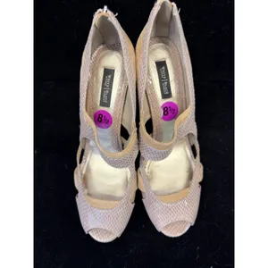 White House Black Market Snakeskin Suede Platform Peep Toe Heels Tan‎ Size 8.5 thumbnail 3