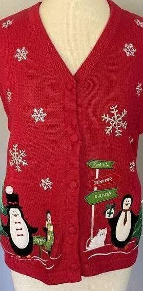 VTG Christmas Sweater Vest Bechamel Sz Small Red Penguins Snowflakes Embroidered thumbnail 1